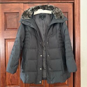 London Fog Charcoal Puffer Coat with Faux Fur Hood